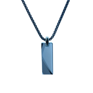 Detail of blue tungsten steel rectangular pendant with faceted surface and box chain