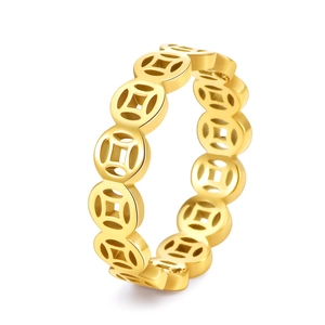 Vintage Chinese Coin Hollow Ring For Women Stainless Steel Gold Silver Rose Gold Plated Wealth Lucky Finger Ring Jewelry