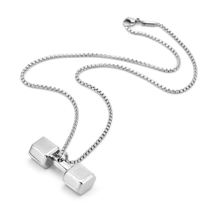 Pendentif haltère en acier titane pour homme avec phrases de motivation gravées