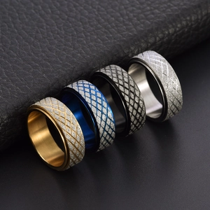 Detail of rotatable titanium steel rings in gold, blue, black, and silver finishes