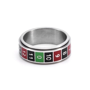 Rotating stainless steel spinner ring with colorful casino roulette number patterns