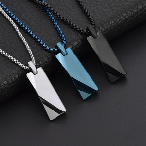 Polished rectangular tungsten steel pendant necklaces in silver, blue and black for men