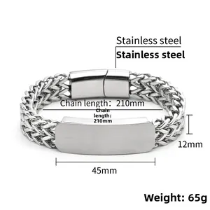 Detail of men's stainless steel punk bracelet with size labels and brushed metal plate