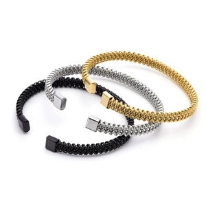 Flat C-shaped braided stainless steel open cuff bracelets in gold, silver, and black
