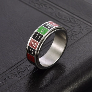 Rotating stainless steel spinner ring with colorful numeric roulette design for men