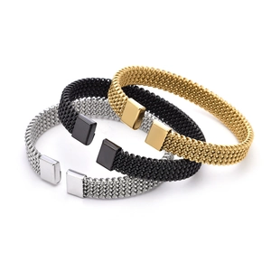 Detail of woven stainless steel C-shaped cuff bracelets in gold, silver, and black finishes