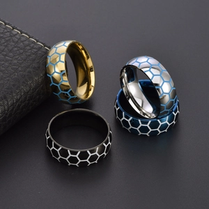 Luminous football pattern stainless steel rings for men in gold, silver, black, and blue finishes