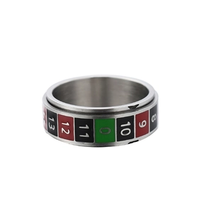 Detailed view of stainless steel spinner ring with red and black casino numbers