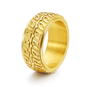 Gold stainless steel spinner ring featuring punk style car tire tread design for men