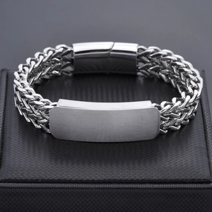 Punk style stainless steel woven chain bracelet with rectangular metal ID plate for men
