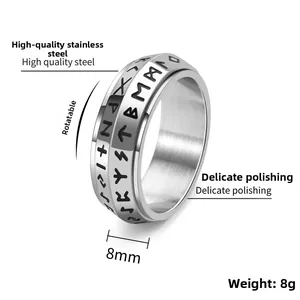Detail view of 8mm rotatable titanium steel ring with black Norse Viking runes engraving