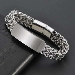 Men's punk titanium steel wheat chain bracelet with brushed ID plate and magnetic clasp