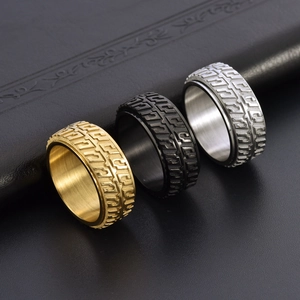 Rotating car tire tread rings in gold black and silver titanium steel for men