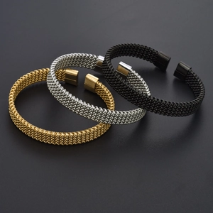 Braided mesh C-shape stainless steel open bangles in gold, silver, and black finish