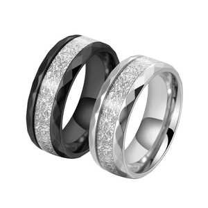 Titanium steel ring with geometric faceted edges and frosted meteorite texture inlay