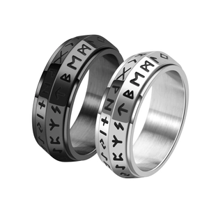 Vintage Viking runes spinner rings in black and silver stainless steel for men and women