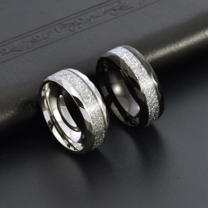 Men's faceted titanium steel rings with rime texture inlay in silver and black finishes