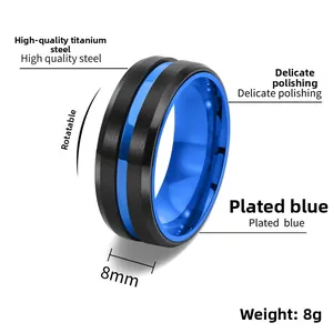 Vue détaillée de la bague rotative en titane noir mat et bleu de 8 mm avec spécifications