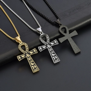 Ancient Egyptian Ankh cross necklaces in gold, silver and black with hieroglyphic engravings