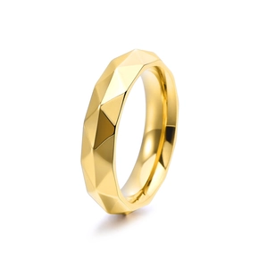 Polished gold titanium steel ring with geometric diamond cut surface and punk style finish