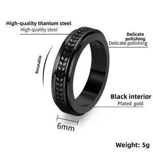 Detail showing 6mm black stainless steel ring with rotatable tire tread texture