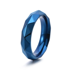 Titanium steel ring for men featuring blue geometric diamond cut facets in punk style