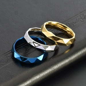 Three-piece punk style titanium steel rings with geometric diamond cut in silver, gold, and blue
