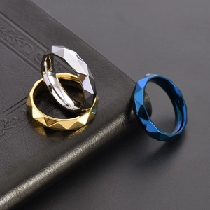 Rhombus punk titanium steel rings for men in silver, gold, and blue geometric finish