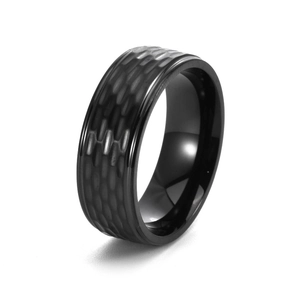 Men's matte black titanium steel ring with hammered honeycomb texture and polished inner