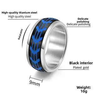 Detail of 9mm rotatable titanium steel men's ring with blue Y-pattern inner band