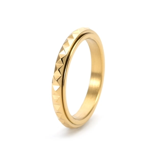 Rotating rose gold pyramid ring with geometric relief texture and polished spinner finish