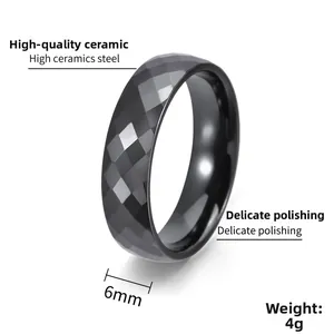 Detail of 6mm black ceramic ring featuring geometric faceted surfaces and 4g weight