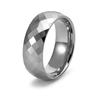 Faceted tungsten carbide ring with geometric diamond pattern and high polish finish