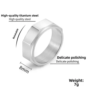 Macro view of 8mm rotating silver titanium steel ring with hexagonal nut design details