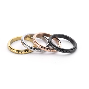 Rotating pyramid stud rings set in gold, silver, rose gold and black stainless steel