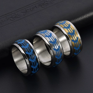 Three-piece titanium steel spinner rings with industrial tire tread and blue glowing arrows