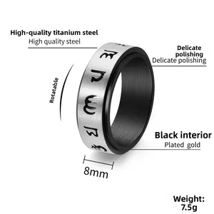 Detail of 8mm rotating titanium steel ring with silver brushed finish and black inner band