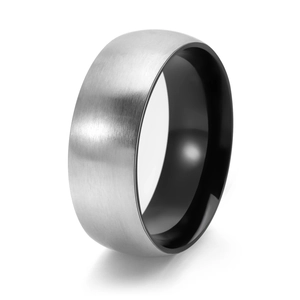 Minimalist brushed titanium steel ring with silver exterior and black inner polished band