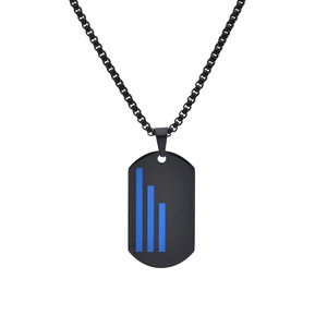 Matte black military dog tag necklace with blue stripes and matching box chain