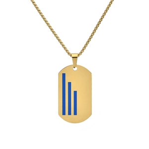 Minimalist gold stainless steel dog tag necklace with blue geometric vertical lines