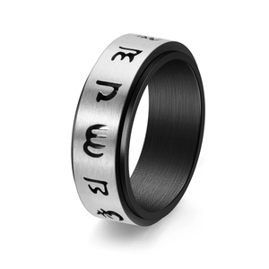 Mens rotating stainless steel ring with engraved symbols and brushed silver finish