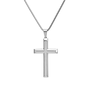 Polished silver stainless steel cross pendant necklace with a fine box chain on white background