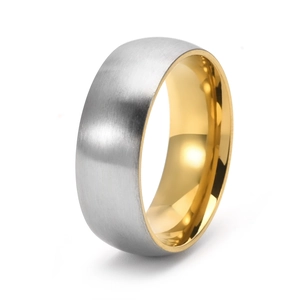 Two-tone brushed stainless steel ring with silver exterior and polished gold inner band