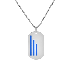 Detail of silver stainless steel dog tag pendant with triple blue stripes on square link chain