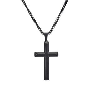 Polished black titanium steel cross pendant necklace with rounded metal finish for men
