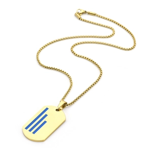 Close-up of golden dog tag pendant featuring blue decorative stripes and box chain