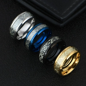 Luminous dragon pattern stainless steel rings for men in gold silver blue and black