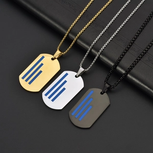 Titanium steel dog tag necklaces in gold, silver, and black with blue stripe details