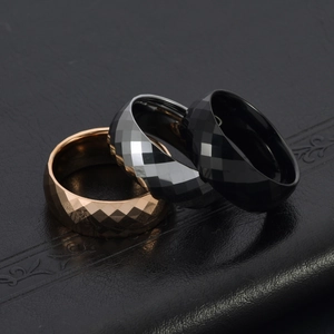 Polished diamond-cut tungsten rings in rose gold, silver, and black finish