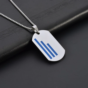 Men's punk titanium steel army tag necklace with blue stripes on black leather